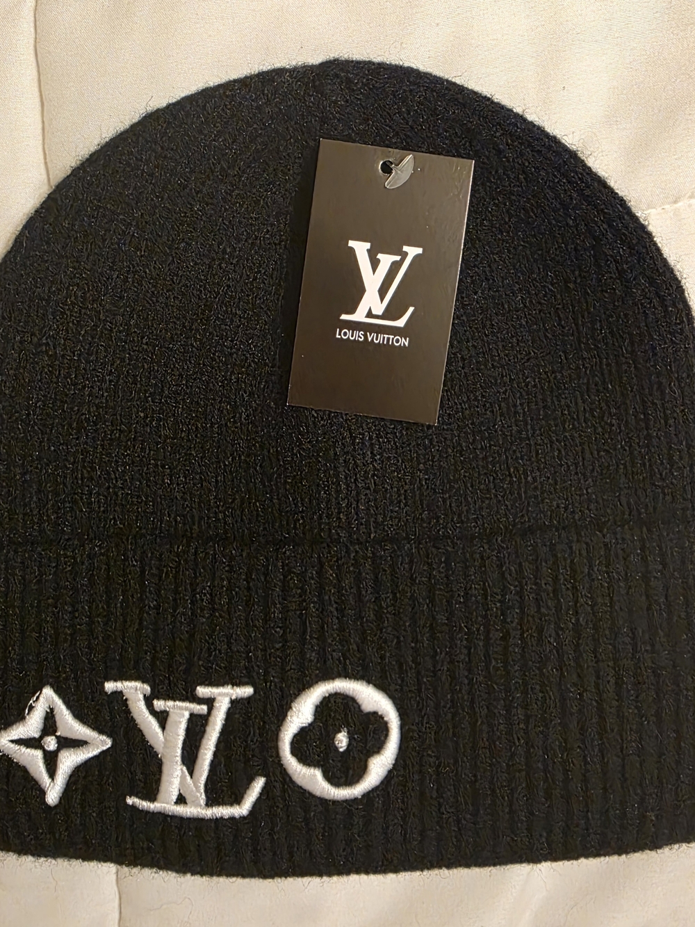Louis Vuitton Black Beanie w/ White Embroidered No Care Tag Inside But Brandnew